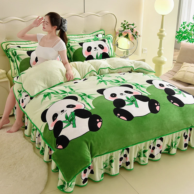 新款冬季加厚卡通儿童牛奶绒四件套婴儿绒保暖床裙款床上用品批发