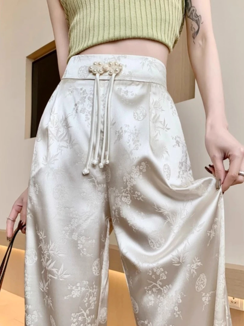 新中式国风盘扣缎面提花阔腿裤女夏季新款高腰显瘦垂感休闲直筒裤