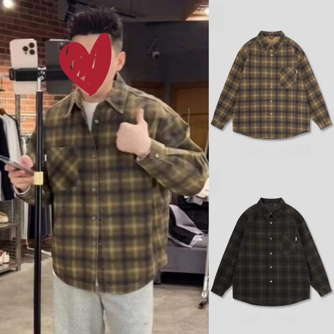 【南通大个】 秋季新款户外休闲拼接格子衬衫翻领外套夹克上衣-5892