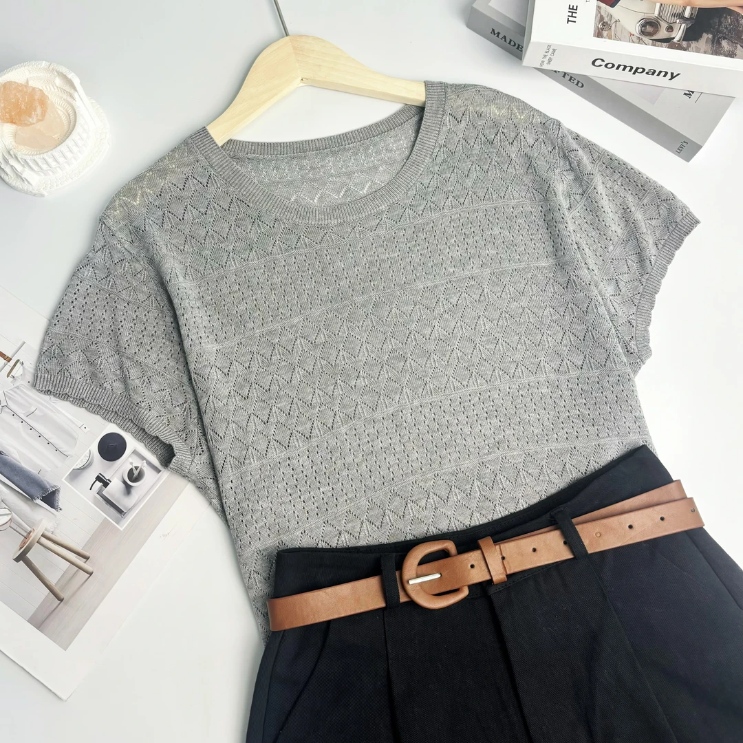 玲姐定制-微镂空薄款微透纯色波浪边针织短袖127320