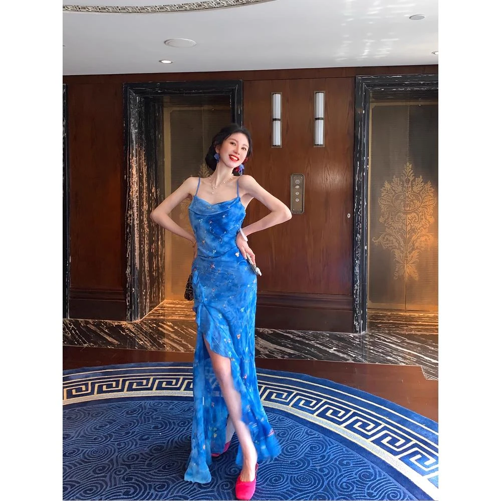 拉梅日记法国纯欲望不规则褶边吊带裙女性夏季微胖mm涂抹开叉度假