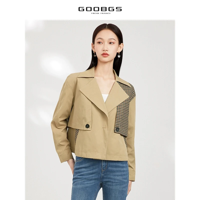 谷邦GOOBGS 驼色彩格撞色短款飞行夹克 G2355774