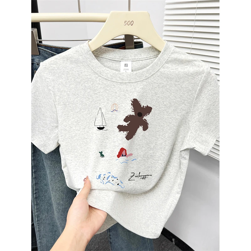 白灰色大码正肩短袖t恤女夏季新款设计感小众百搭圆领洋气上衣ins