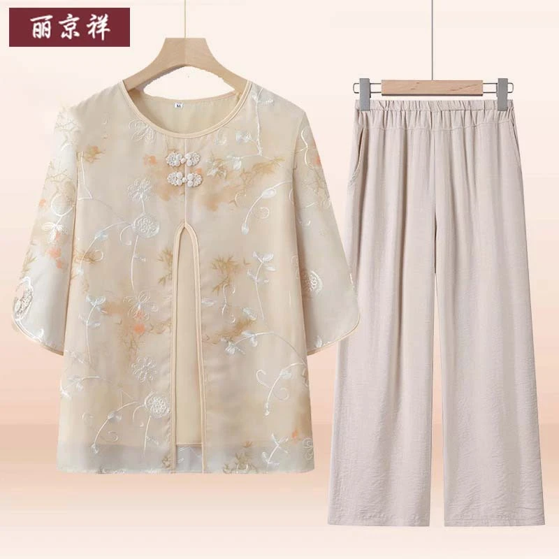 妈妈夏装短袖凉爽上衣2025新款中式国风套装中老年女奶奶夏季衣服