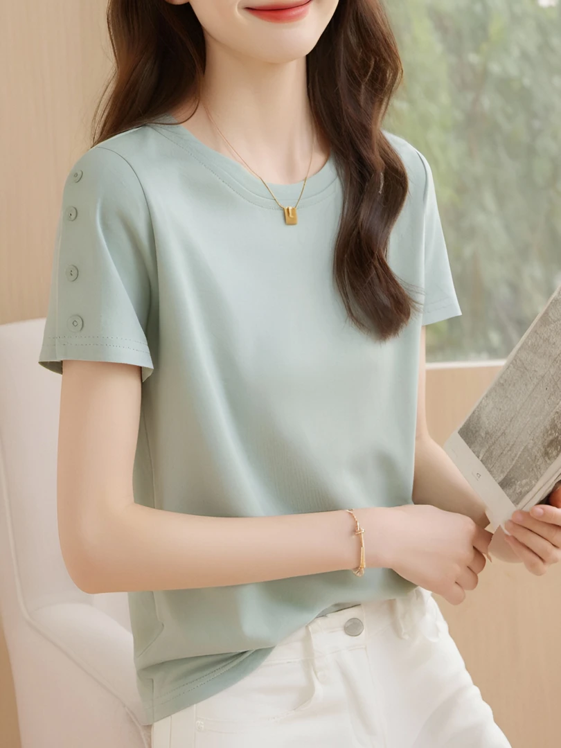 夏日清新薄荷绿圆领纯棉短袖正肩T恤时尚独特肩部设计气质上衣女