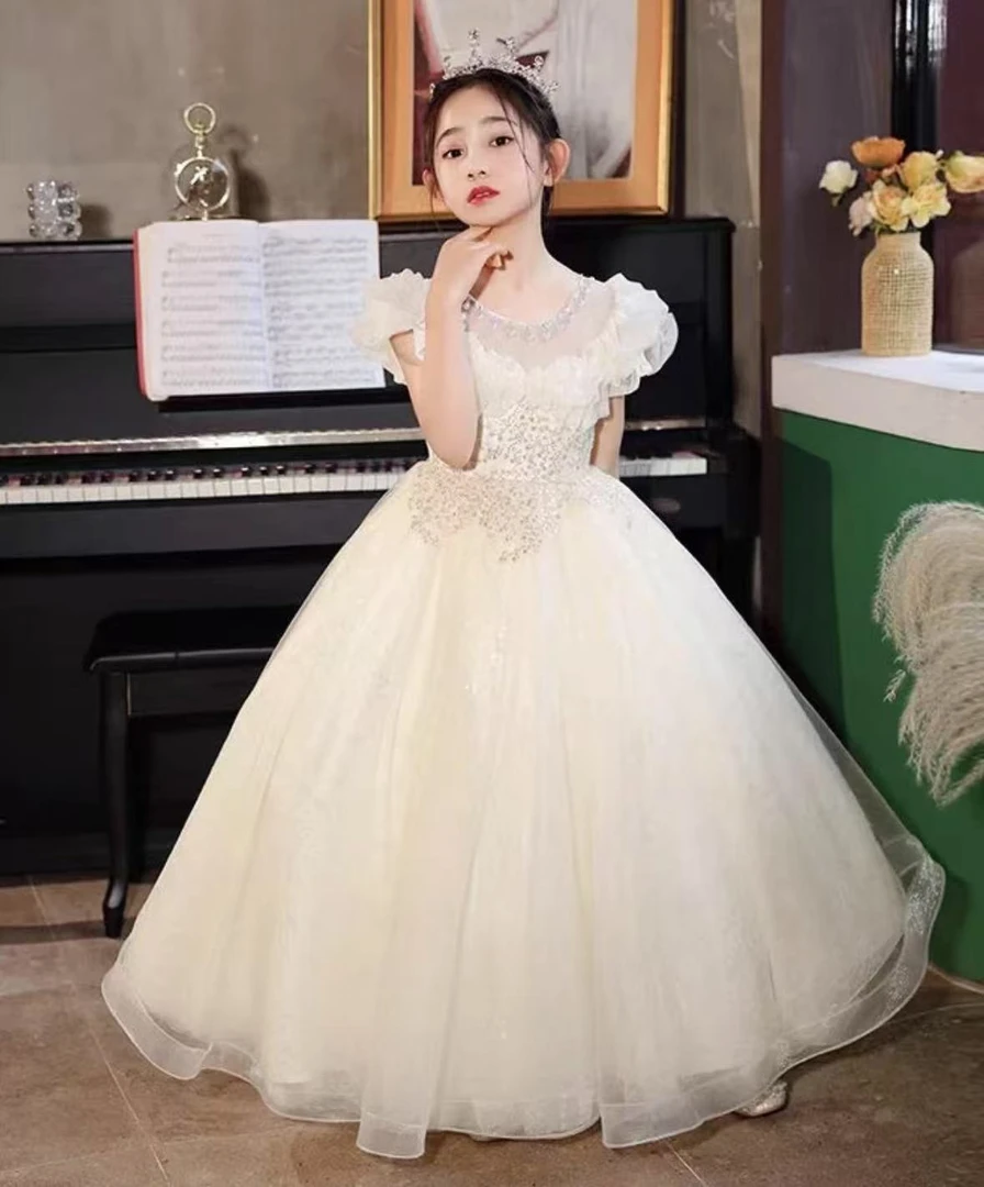 【芙蓉花开短袖】女童主持人晚礼服钢琴演出服儿童公主裙生日宴