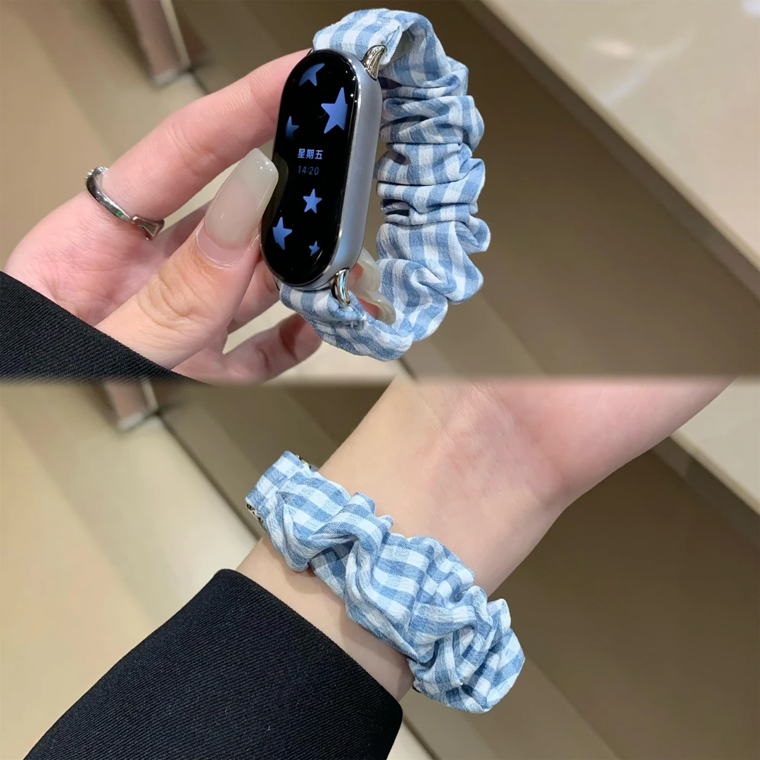 蓝色大肠发圈适用小米手环9/8表带夏季腕带NFC版5/6/7运动手表带