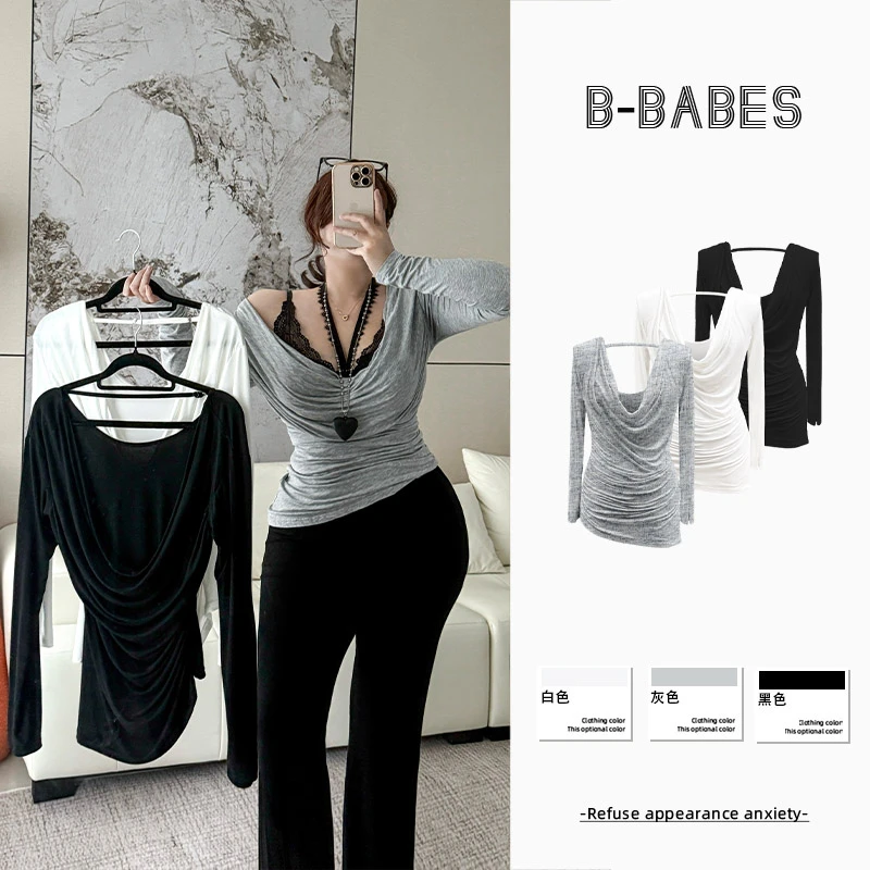 B-babes【轻感欧尼】纯欲温柔气质显身材荡领微胖修身长袖T恤打底衫