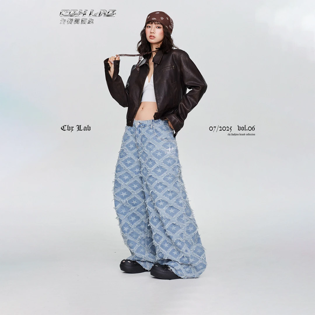 CBXLAB街舞潮牌流浪星星毛边牛仔裤美式宽松印花设计感高街显瘦