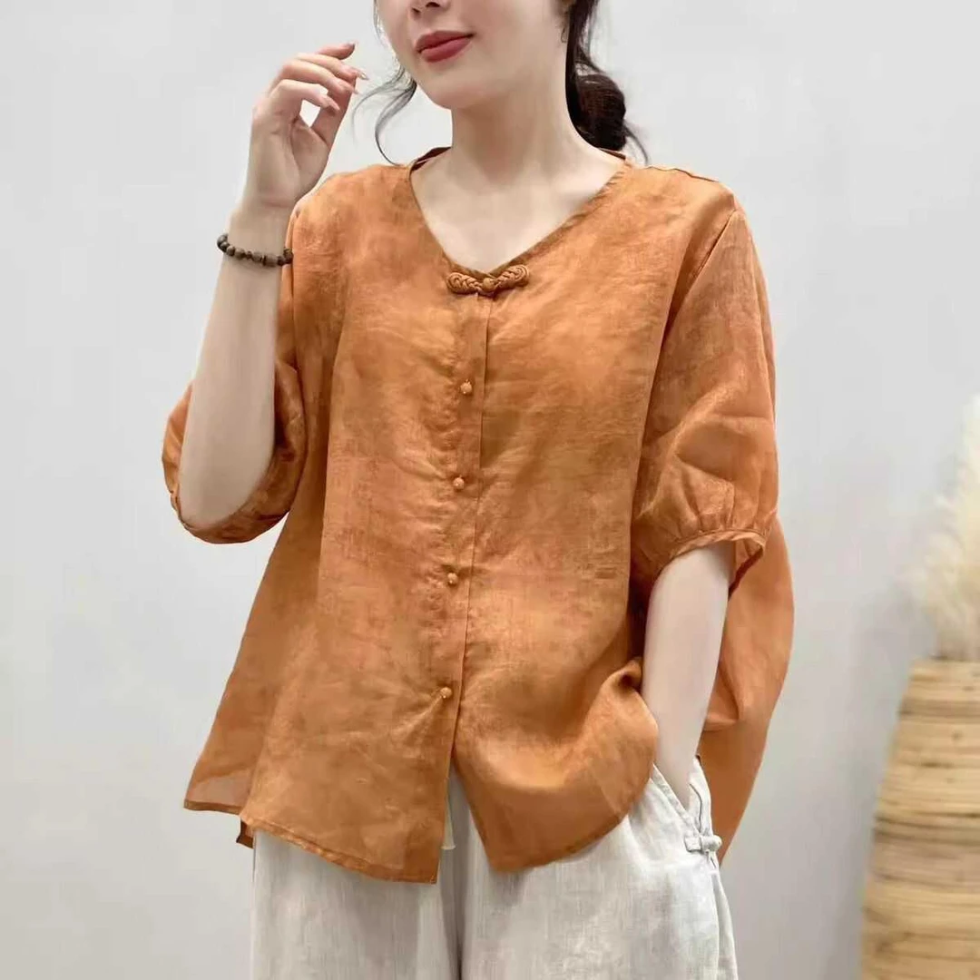 哥家正品同款高端苎麻短袖衬衫女秋夏季新款麻料国风盘口小衫棉