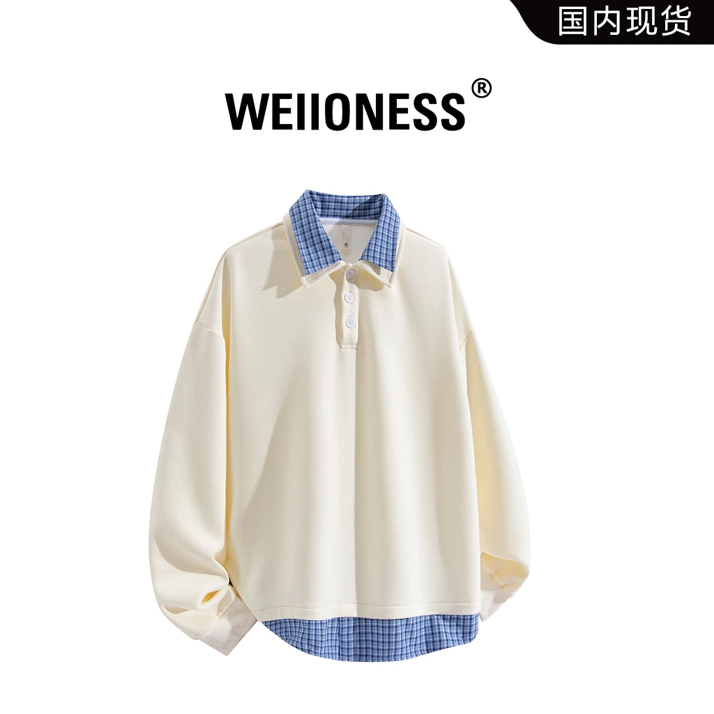 WEIIONESS美式休闲长袖卫衣男秋季假两件格纹拼接高级感男装上衣