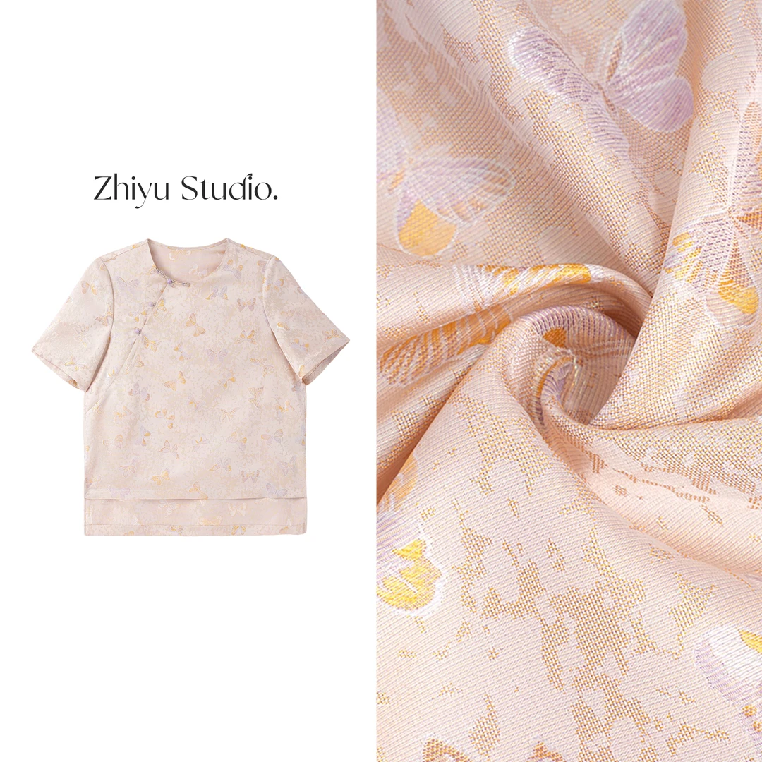 芊岚-YZ256719新中式桑蚕丝蜀锦绞罗中国风复古短袖气质百搭上衣