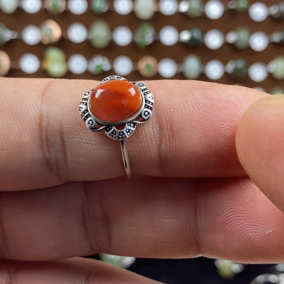 南红玛瑙戒指银S925镶嵌