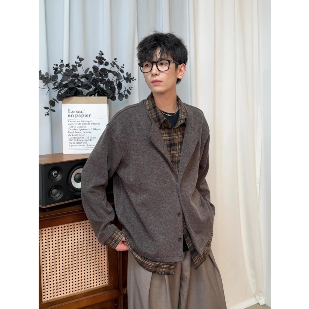 【秋季邂逅】长袖男秋季衬衫男装百搭简约韩版假两件针织毛衣