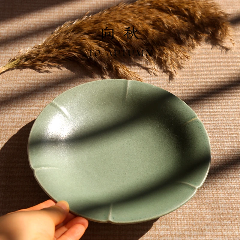 新中式8寸意面牛排盘铜绿色手作釉下彩耐高温陶瓷