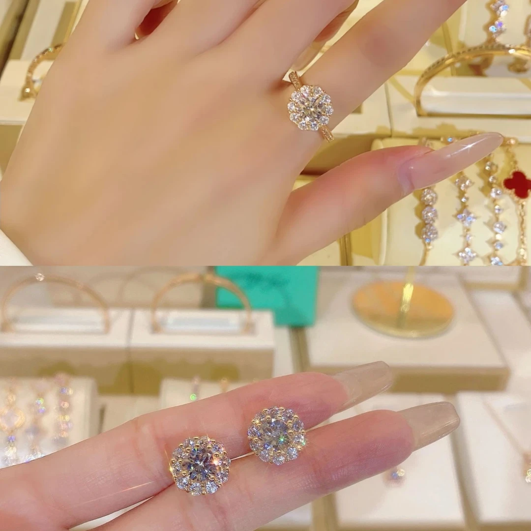铜合金合成锆石婚庆饰品 时尚山茶花戒指+耳钉FS1185两件套