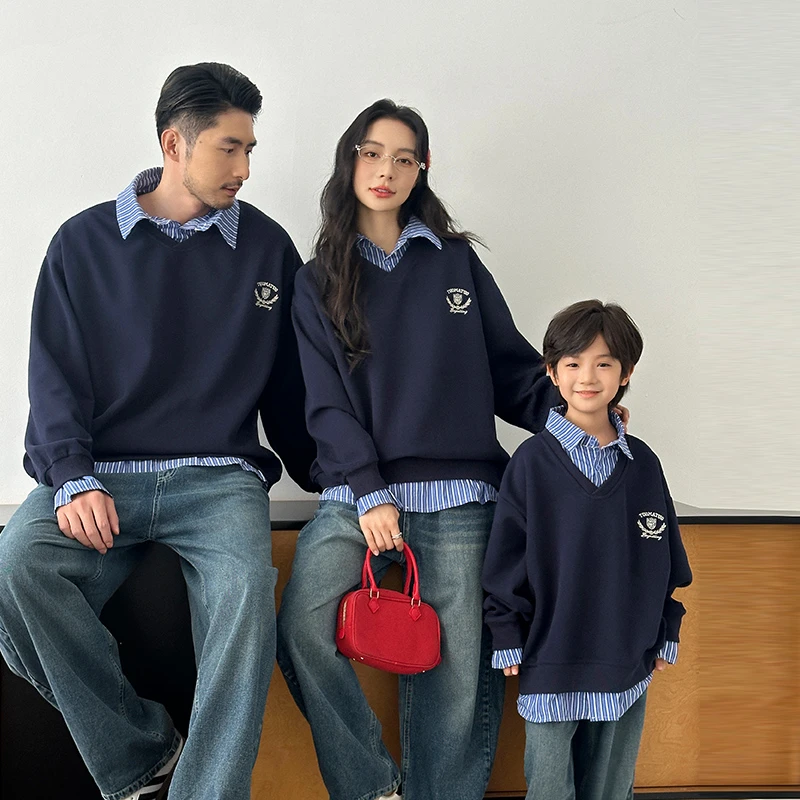 亲子装一家三口衬衫领母女装外套儿童衣服百搭假两件母子装上衣潮