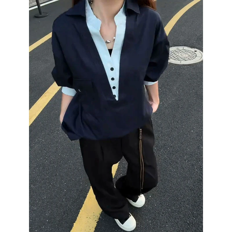 藏青色假两件衬衫男春秋款美式双层领长袖工装衬衣哈灵顿复古外套