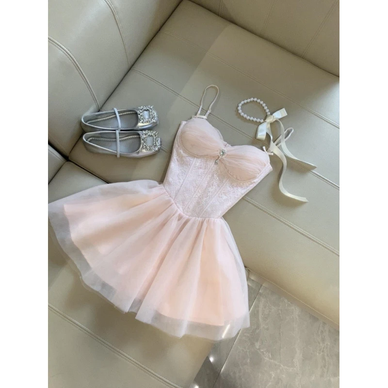 温柔甜美轻奢镶钻鱼骨抹胸吊带连衣裙夏季新款仙女网纱蓬蓬裙女