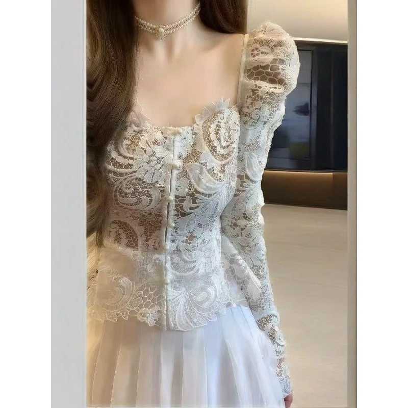 B110+B111开春穿搭一整套法式蕾丝上衣&网纱a字半身裙两件套装女