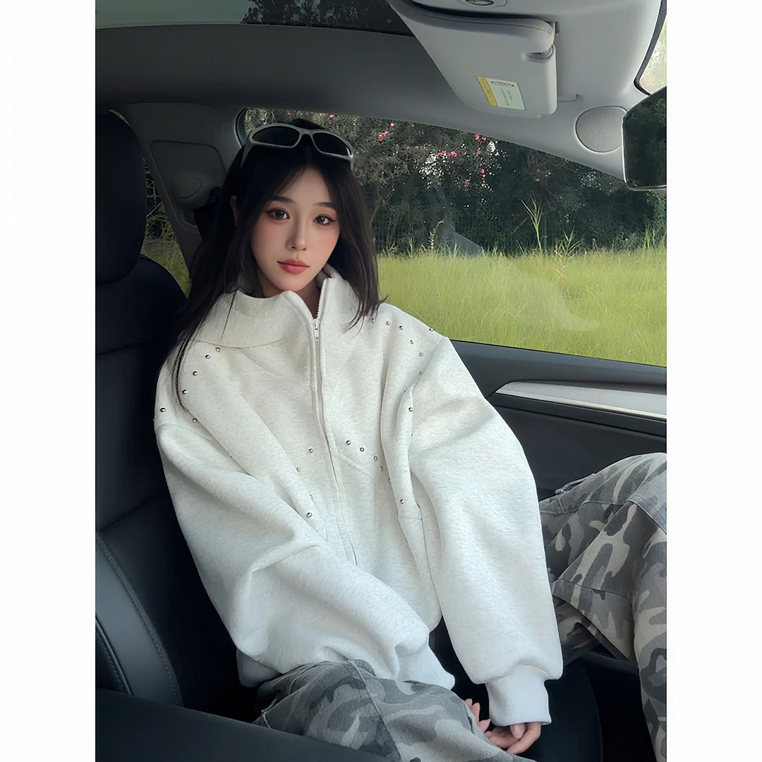 美式重磅开衫卫衣男款秋季拼接柳钉拉链情侣外套设计感廓形连帽衫