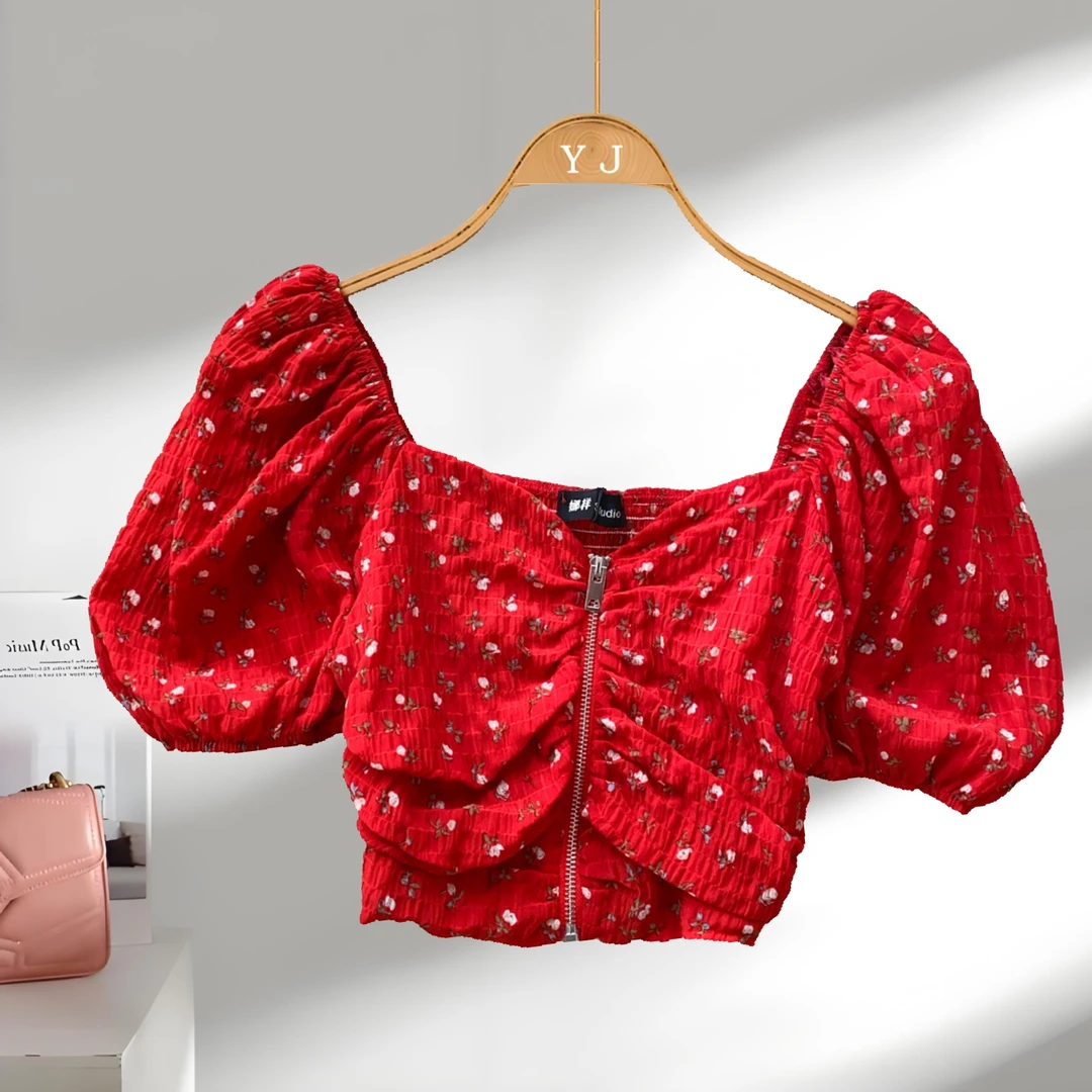 复古田园风碎花一字肩泡泡袖衬衫女夏季拉链露脐炸街设计辣妹上衣