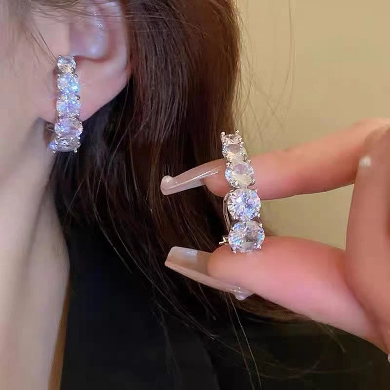 铜合金耳饰 925银针弧线锆石耳环时尚气质通勤耳钉耳坠高级感耳饰