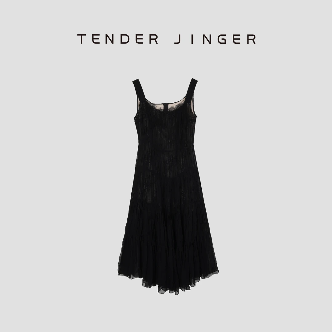 Tender Jinger【黑标】气质吊带蕾丝花边百褶连衣裙T52MFY111M