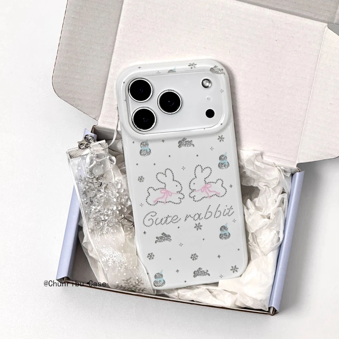 可爱卡通白底镂空闪粉点阵兔子适用苹果17/16promax手机壳15/14