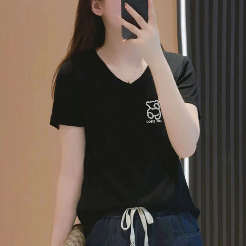 纯棉短袖T恤女夏季2025新款V领时尚洋气小众设计感印花薄款上衣服