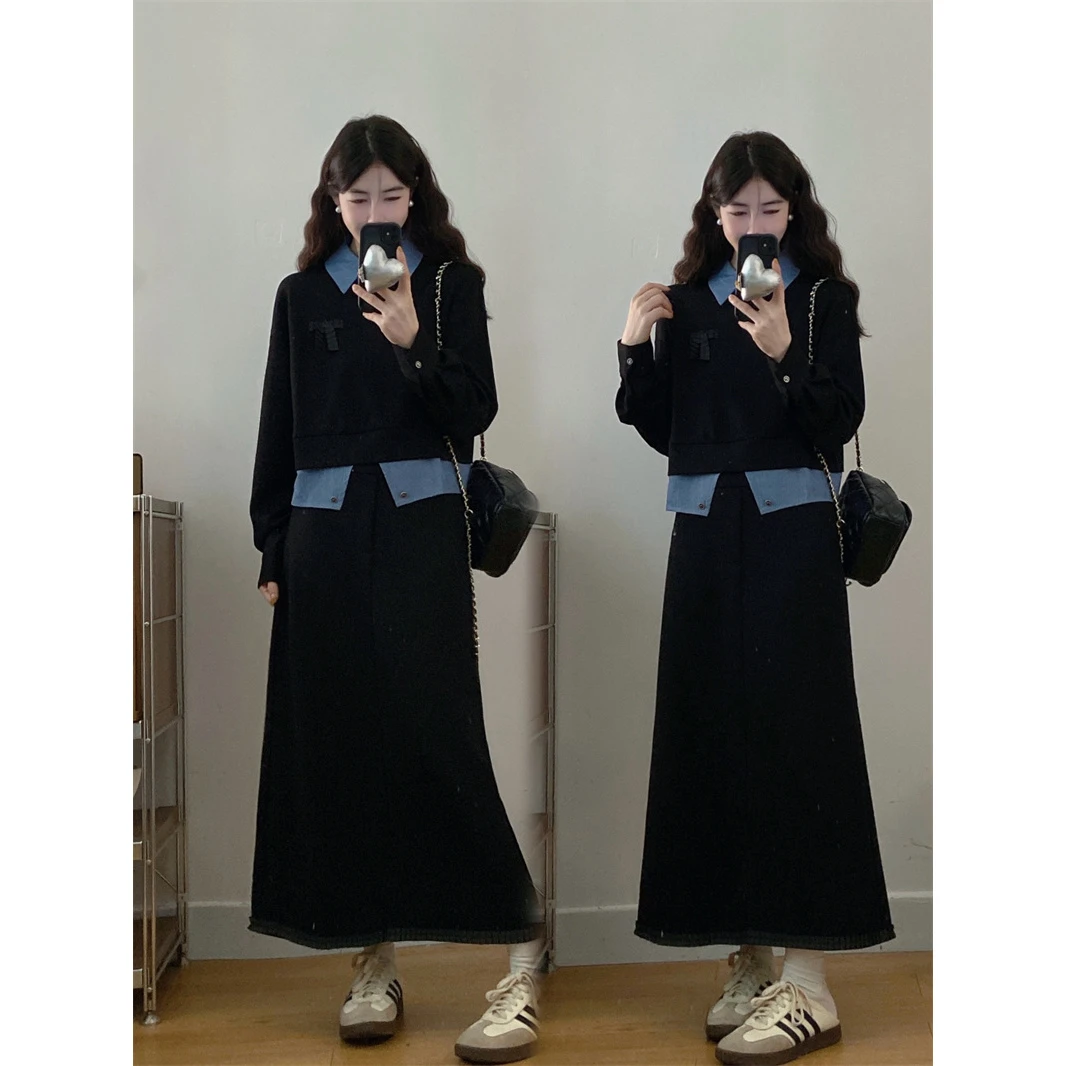 2025新款大码甜美学院风秋冬套头POLO领宽松针织卫衣配长裙两件套