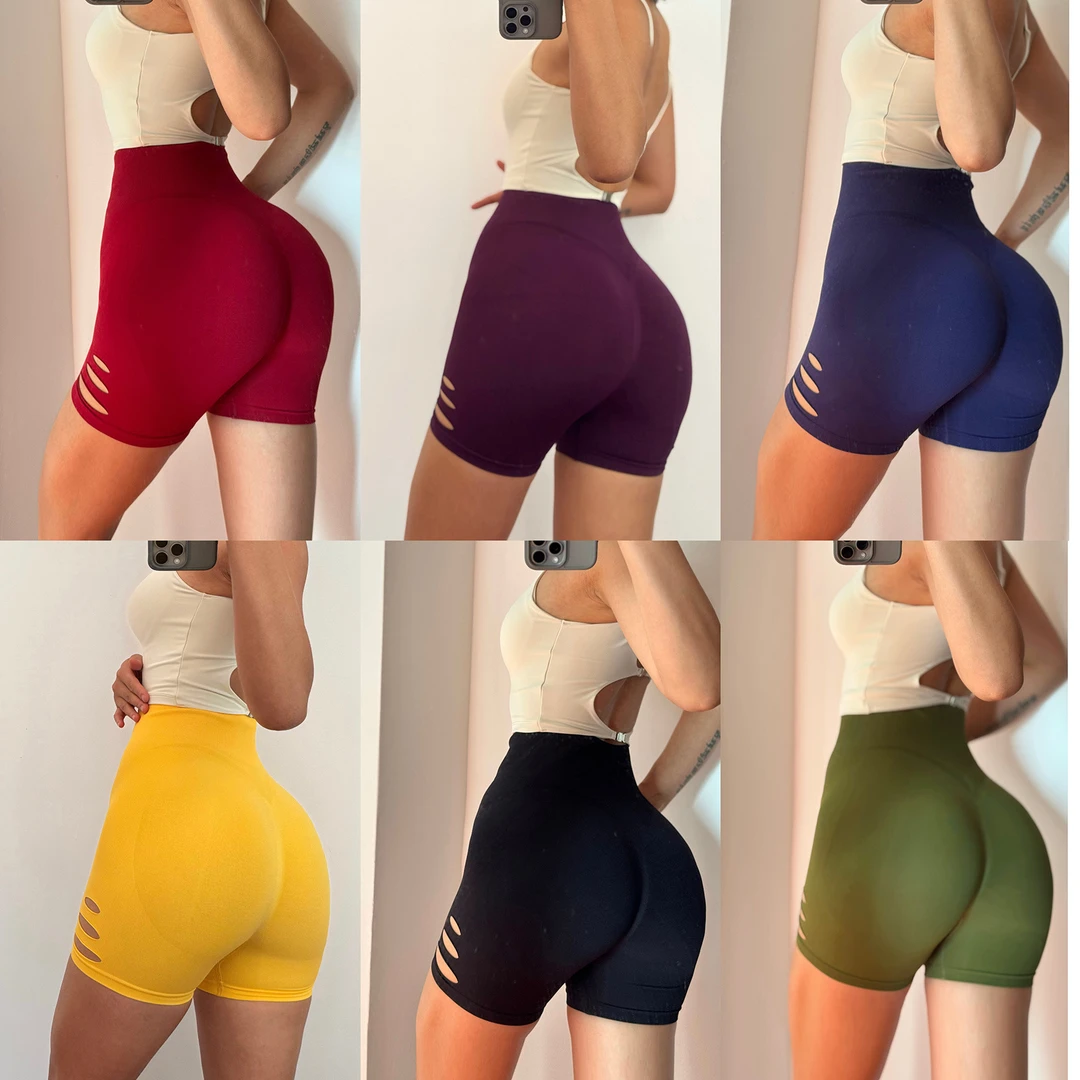 健身服瑜珈短裤破洞显臀女跑步训练速干三分紧身蜜桃臀运动Z317