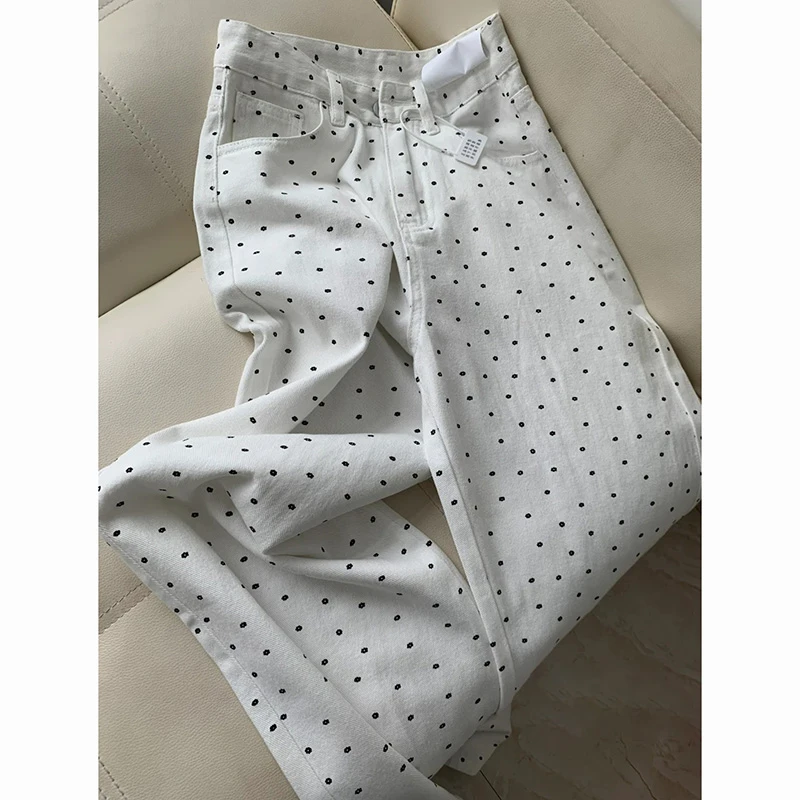 米白色波点小碎花牛仔裤女2025夏季新款设计感宽松显瘦阔腿拖地裤