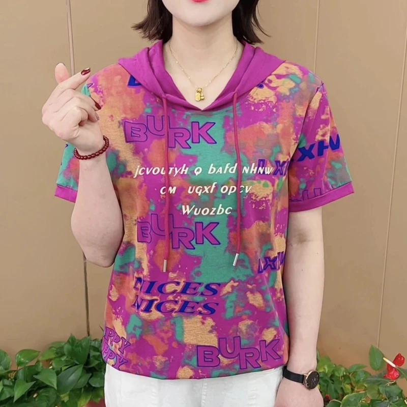 夏季新款潮流晕染印花时尚妈妈装宽松显瘦休闲百搭短袖上衣K9806