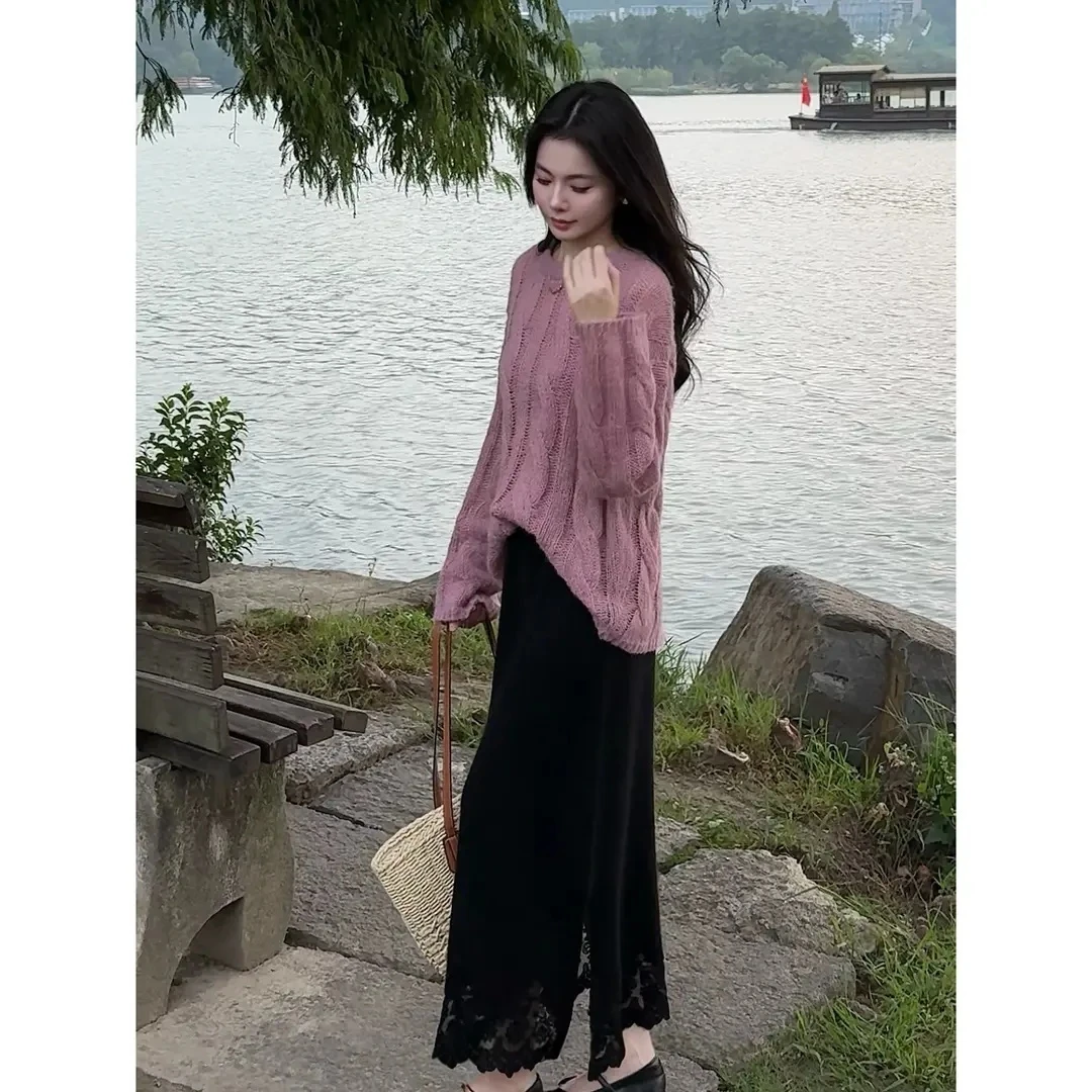 秘密花园 秋冬长袖粉紫色圆领套头针织毛衣+高腰半裙BB50449