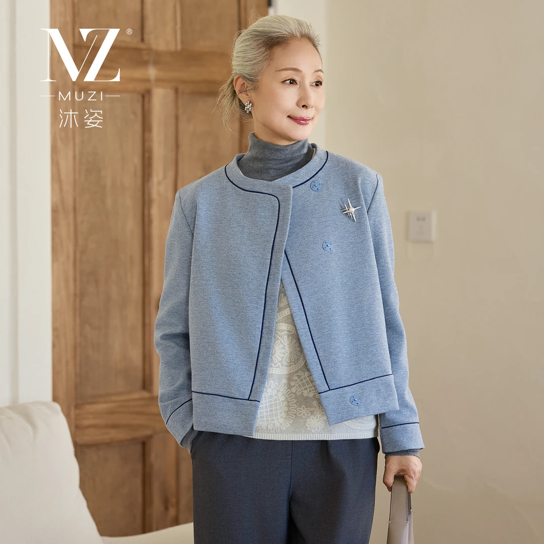 沐姿中老年女装春秋款羊毛混纺短款外套妈妈装时尚优雅圆领上衣