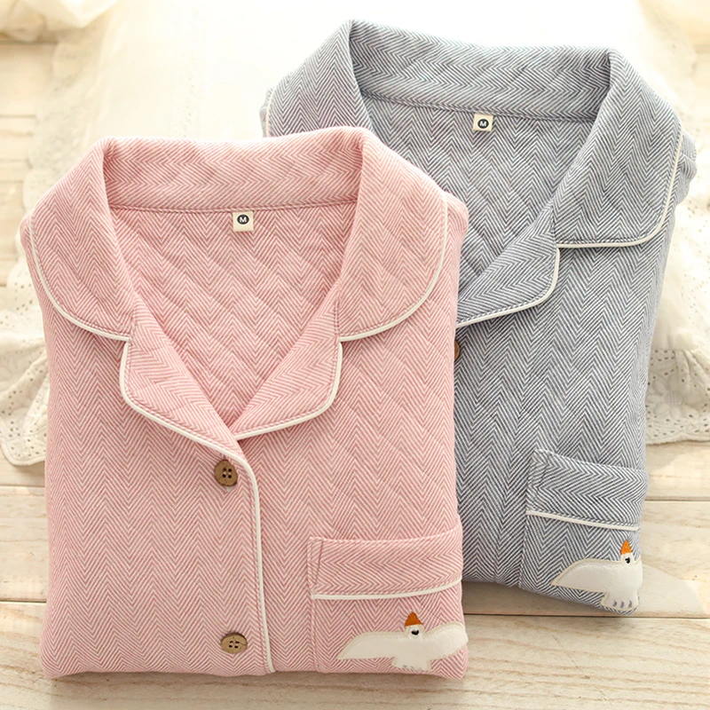 『玄鸟』秋冬情侣全棉夹棉睡衣薄款男女士空气棉家居服套装LZ1519