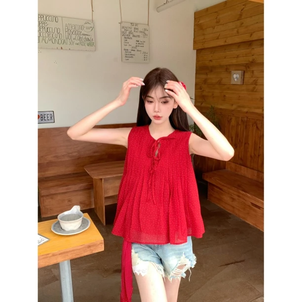 【赵小小&巨好看!又韩又显白】蝴蝶结绑带无袖背心压褶上衣27782