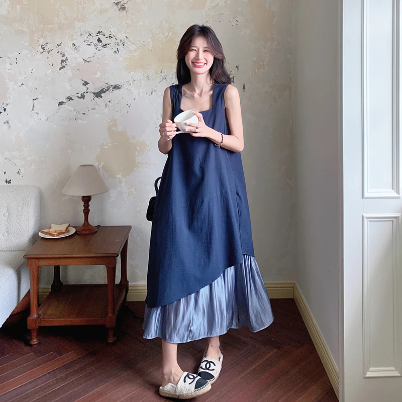 设计感撞色拼接假两件连衣裙女2025夏季韩版慵懒风方领长款背心裙