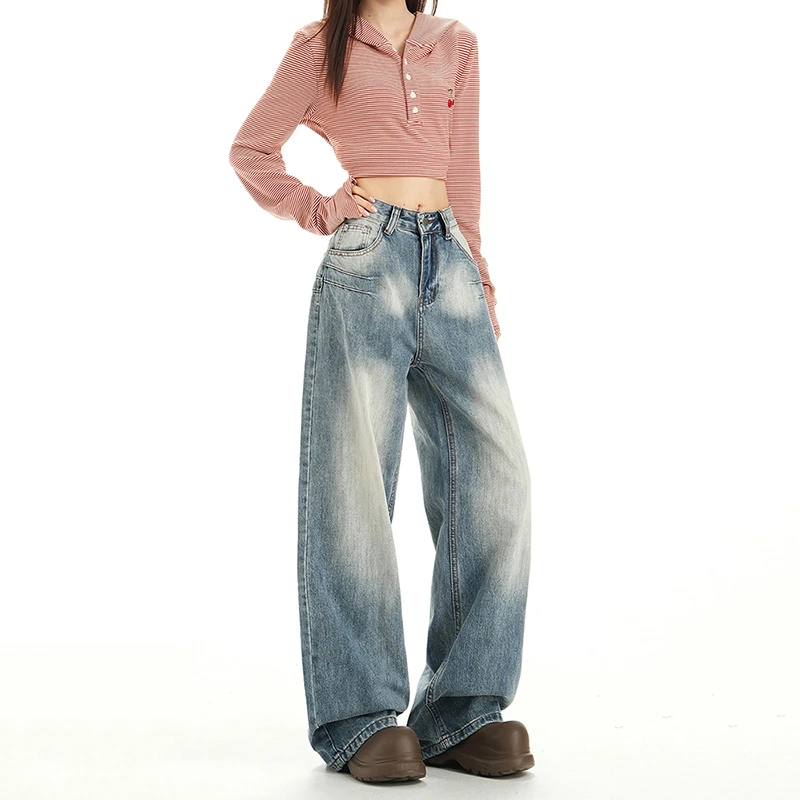 拉夏贝尔美式水洗微喇牛仔裤女秋季新款高级感刺绣百搭拖地直筒裤