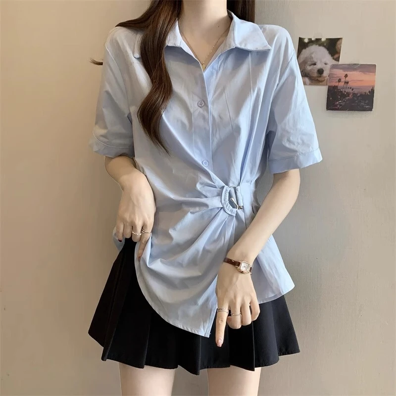 蓝色翻领短袖衬衫女2025夏季新款大码胖mm收腰欧货减龄不规则上衣