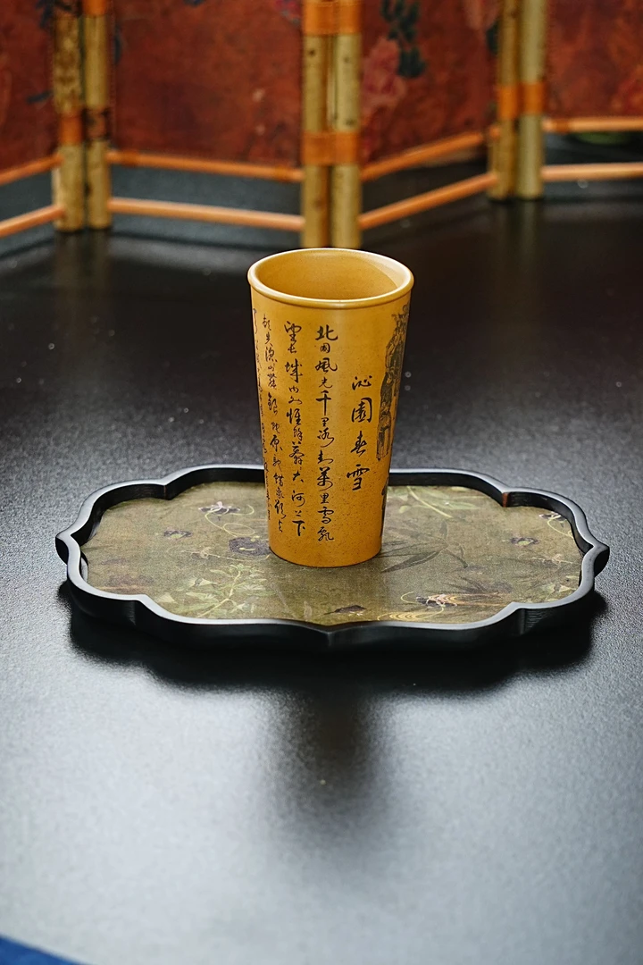 【2600沁园春雪杯】宜兴原矿葵黄料手工刻绘沁园春雪主人杯 可乐杯