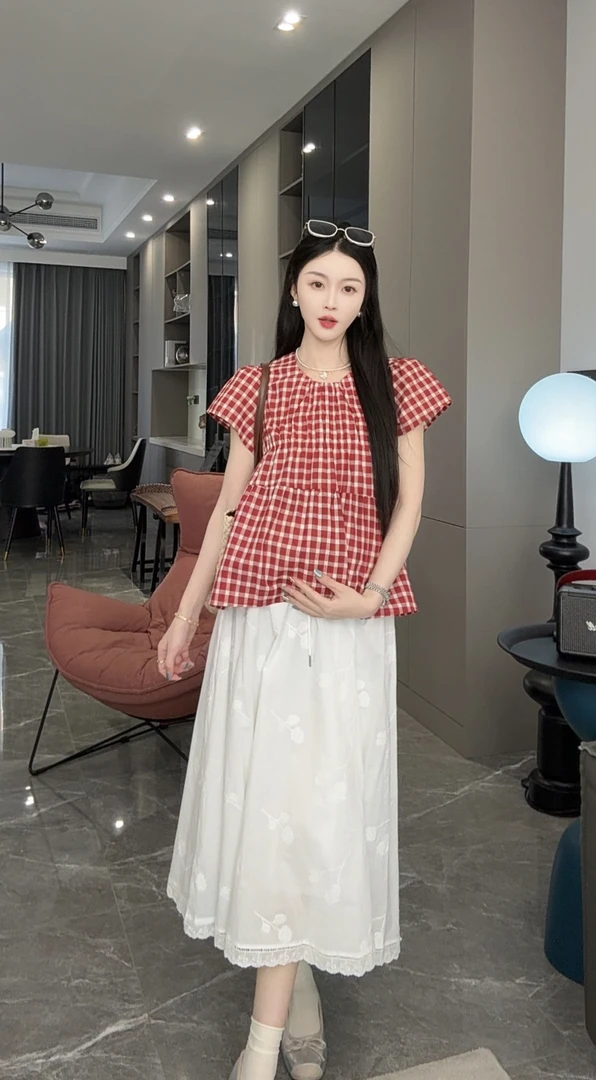 孕妇装夏季复古红色格子小飞袖上衣+孕妇半身裙猪鼻扣