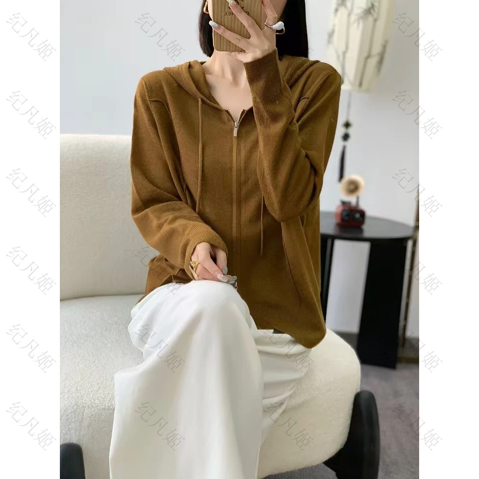 纪凡姬/3846-高级感连帽双拉链女设计感针织打底帽衫