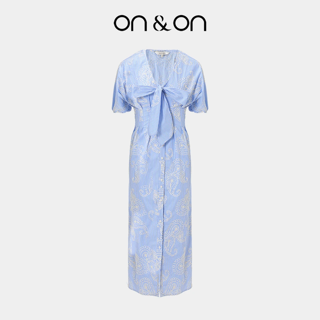 ON&ON/安乃安夏季新款系带蝴蝶结绣花条纹连衣裙N5SA7015411