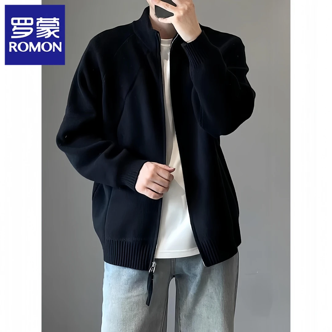 Romon/罗蒙cleanfit针织开衫外套男春秋季慵懒风韩系立领拉链毛衣