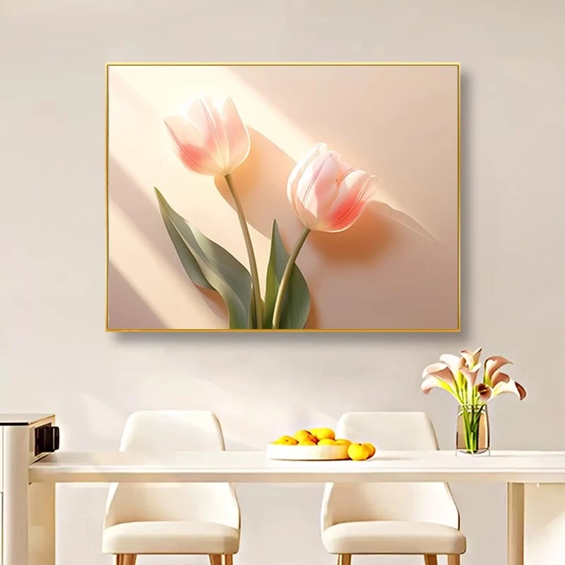 奶油风粉色郁金香餐厅装饰画客厅沙发背景横版挂画简约卧室壁画