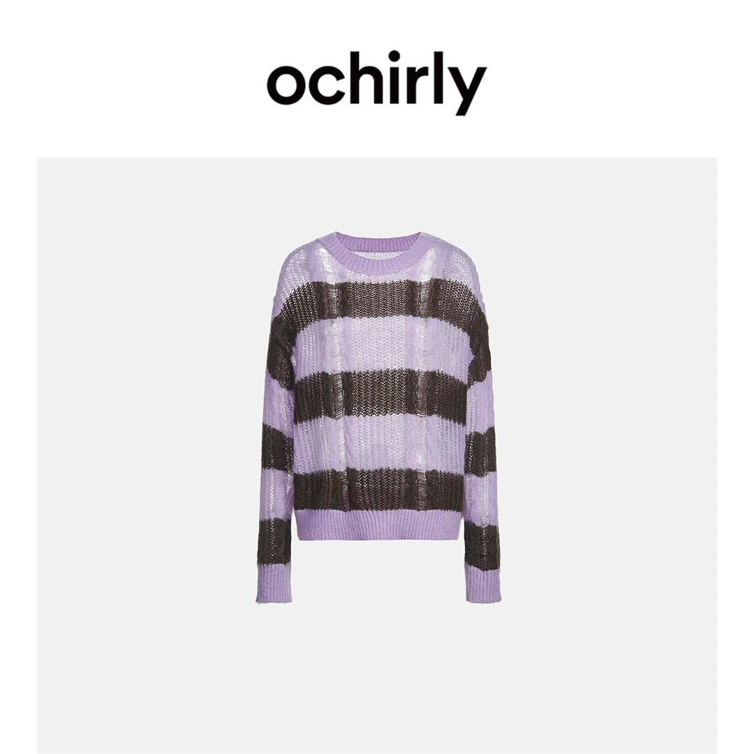 ochirly欧时力 薄款条纹毛衣女针织法式复古宽松慵懒