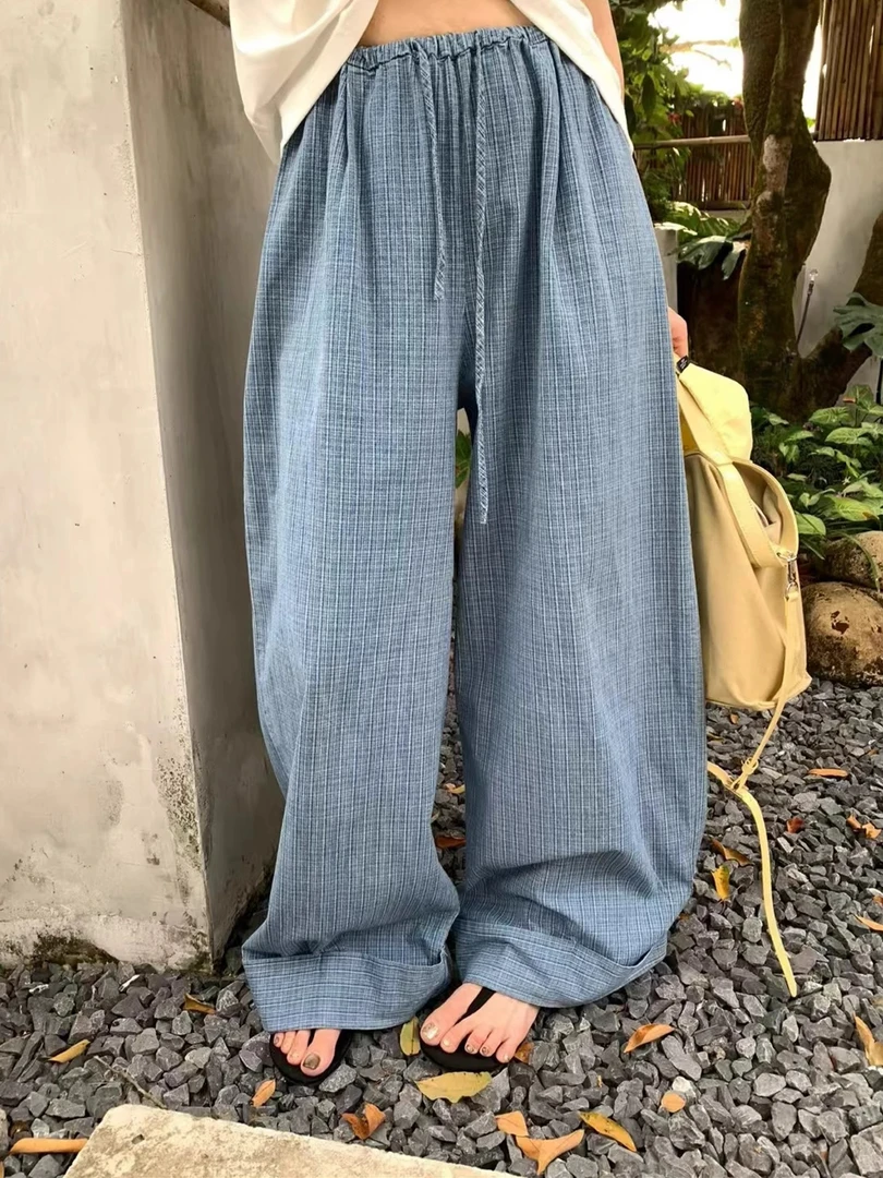 大个杨 夏季薄款格纹阔腿裤女宽松慵懒拖地直筒垂感休闲裤