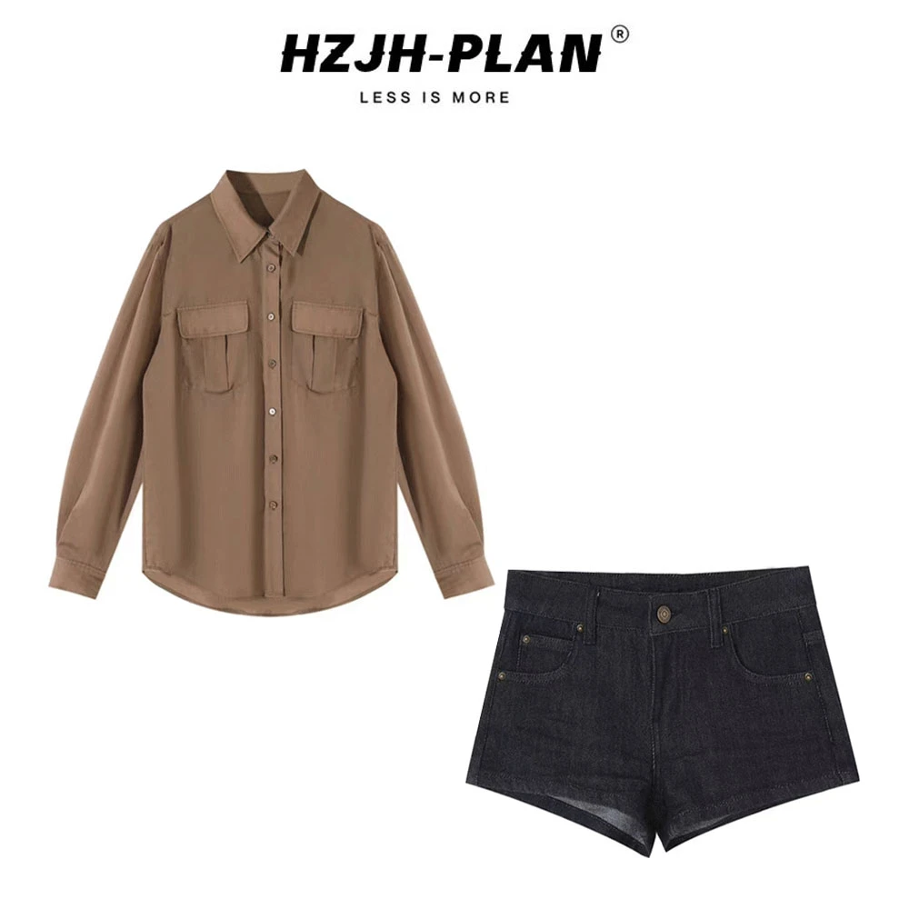 美式甜辣性感风长袖衬衫上衣高腰时尚休闲显瘦短裤两件套